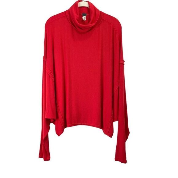 Free People boxy oversized dolman sleeve turtleneck ribbed top Size  S‎ Red boho - Picture 1 of 8